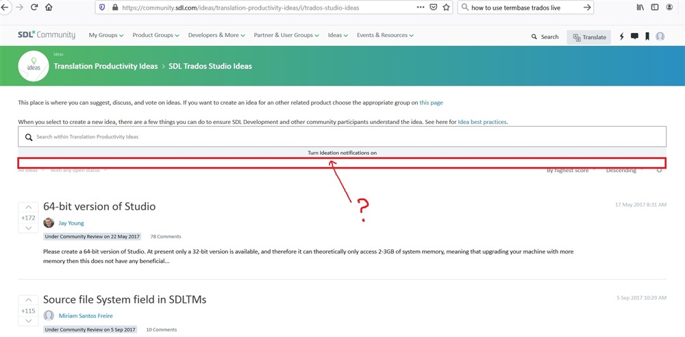 Screenshot of SDL Trados Studio Ideas page with a red box highlighting the absence of an option to turn ideation notifications on, accompanied by a question mark.