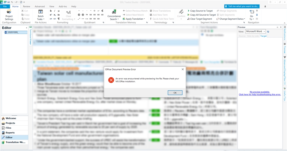 Trados Studio editor screen with an 'Office Document Preview Error' dialog box stating 'An error was encountered while previewing the file. Please check your MS Office installation.'
