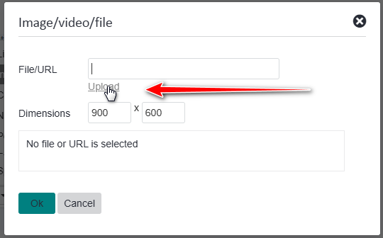 Screenshot of the 'Imagevideofile' upload dialog with an arrow pointing to the 'Upload' button.