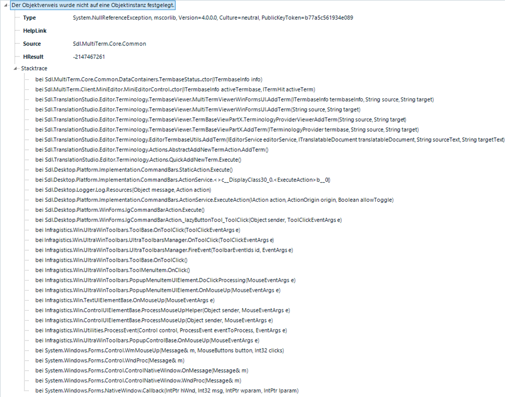 Error message in Trados Studio showing 'System.NullReferenceException' with a stack trace listing multiple methods related to 'Sdl.MultiTerm', 'Sdl.TranslationStudio.Editor.Terminology', and 'Infragistics.Win.UltraWinToolbars'.