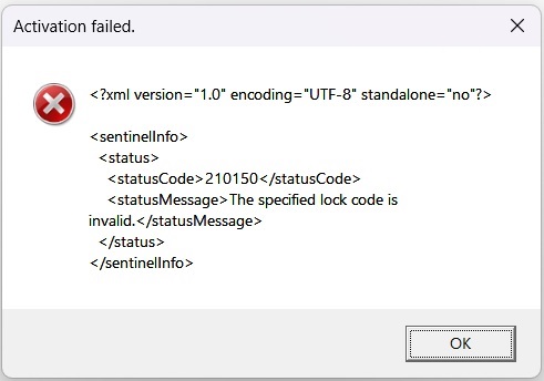Error message window titled 'Activation failed' with a red cross icon. The message includes XML code stating 'The specified lock code is invalid.' and an 'OK' button.