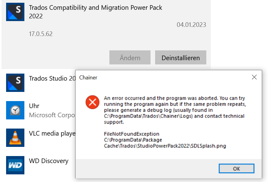 Uninstall dialog for Trados Compatibility and Migration Power Pack 2022 version 17.0.5.62 with options to change or uninstall.