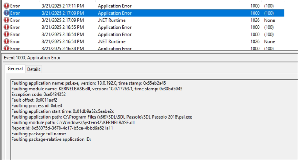 Screenshot of an Application Error detail with faulting application name psl.exe, version and timestamp information, and exception code 0xc0434352. Paths and module names are listed.