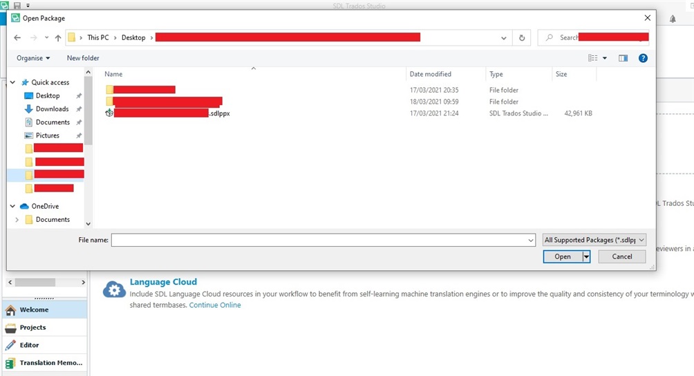 Trados Studio Open Package window showing a list of files with one file highlighted and a file type filter for all supported packages.