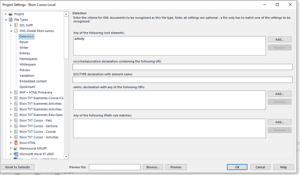Trados Studio Detection settings for XML Global Ekon cursos with criteria for XML documents recognition listed but no specific settings highlighted.