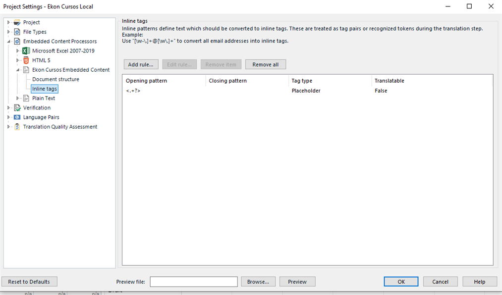 Trados Studio Project Settings window displaying Inline tags for HTML 5 with a placeholder tag pattern defined as not translatable.