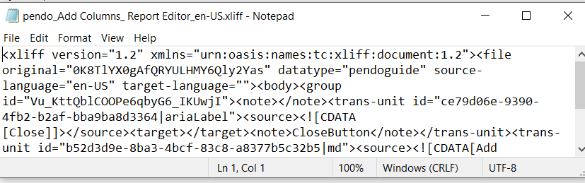 Notepad screenshot showing an xliff file with version 1.2, source language English (US), no target language specified, and UTF-8 encoding without BOM.
