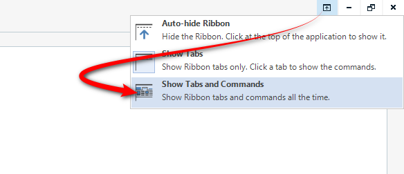 Trados Studio screenshot showing the Auto-hide Ribbon option with an arrow pointing to 'Show Tabs and Commands' to resolve hidden ribbon issue.