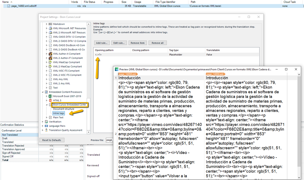 Trados Studio Editor displaying XML code with embedded HTML content, highlighting the 'Ekon Curso Embedded Content' processor.