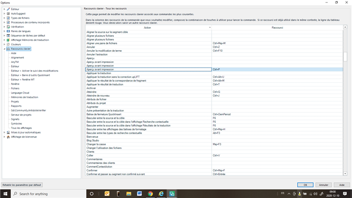Screenshot of Trados Studio 2017 showing the Options menu with Keyboard Shortcuts section open. No shortcut assigned for 'preview' or 'aper u'.