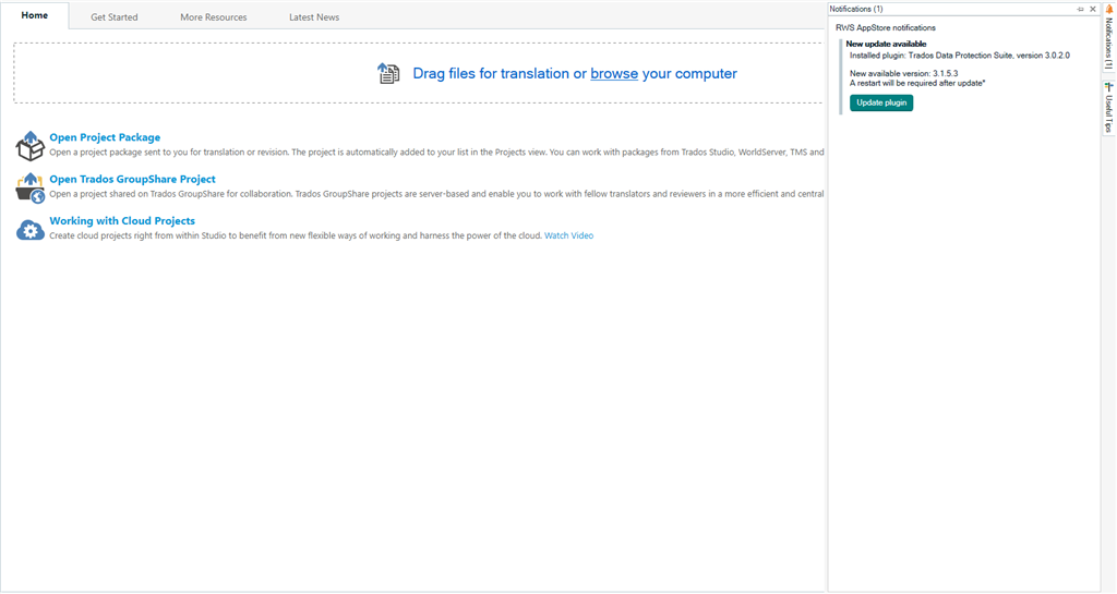Trados Studio home screen with a notification pane on the right indicating a new update available for Trados Data Protection Suite, version 3.0.2.0, with an 'Update plugin' button.