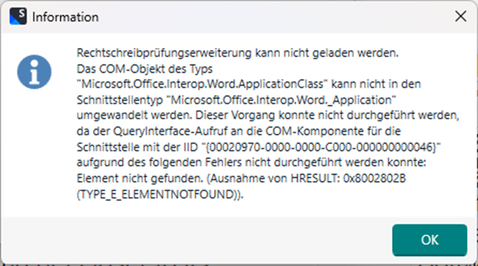 Error message in German stating that the spell check extension cannot be loaded. Mentions COM object type 'Microsoft.Office.Interop.Word.ApplicationClass' and HRESULT: 0x8002802B.