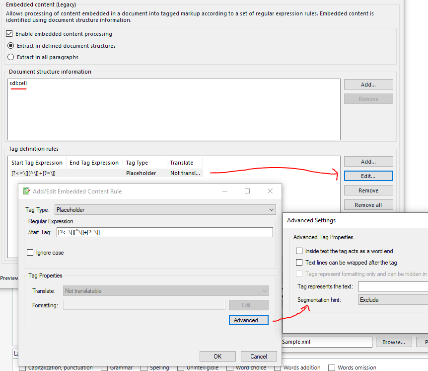 Trados Studio embedded content settings with a regular expression rule highlighted and a segmentation hint set to 'Exclude'.
