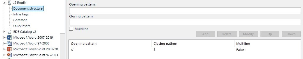 Trados Studio screenshot showing Document structure settings with empty Opening pattern and Closing pattern fields for JS RegEx, and defined patterns for Microsoft Word and PowerPoint file types.