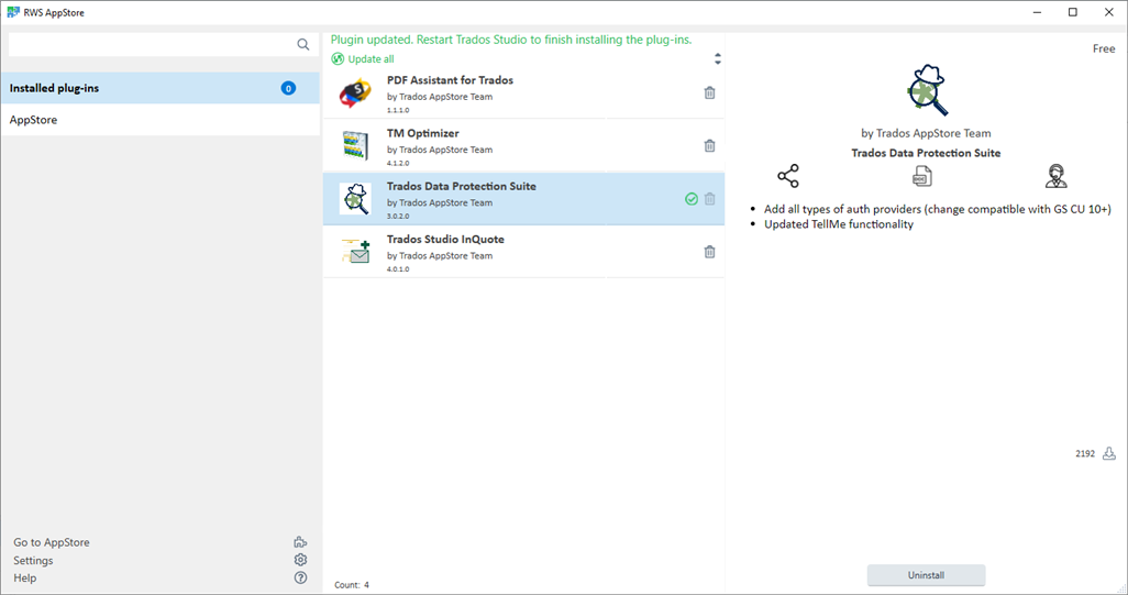 RWS AppStore window showing installed plug-ins with a notification 'Plugin updated. Restart Trados Studio to finish installing the plug-ins.' Trados Data Protection Suite is listed with version 3.0.2.0.