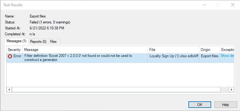 Error message in SDL Trados Studio stating 'Filter definition 'Excel 2007 v.2.0.0.0' not found or could not be used to construct a generator.'