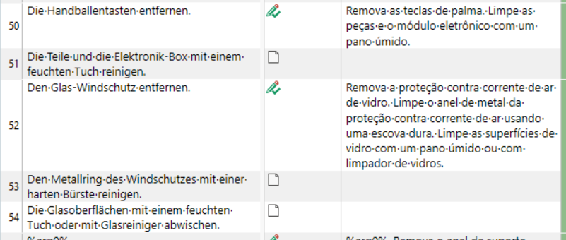 Screenshot of Trados Studio showing a segmented source Excel file with correct segmentation in German and incorrect segmentation in the imported Portuguese target file.