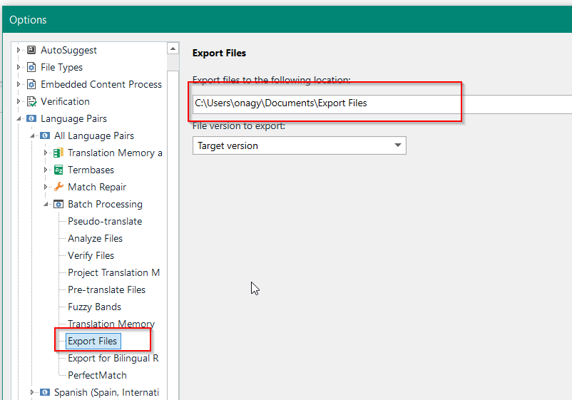 Trados Studio 'Options' menu with 'Export Files' section highlighted, showing the default export path in 'My Documents' and a field to change it.