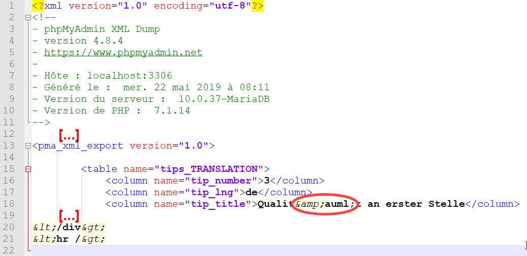 Screenshot of an XML file in Trados Studio editor showing German text with the Umlaut 'a' converted into an HTML entity.