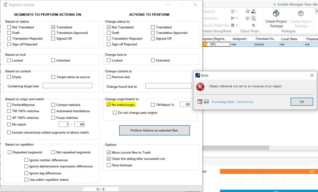 Screenshot of Segment Actions plugin with 'No matchorigin' checkbox selected and an error message window stating 'Object reference not set to an instance of an object.'