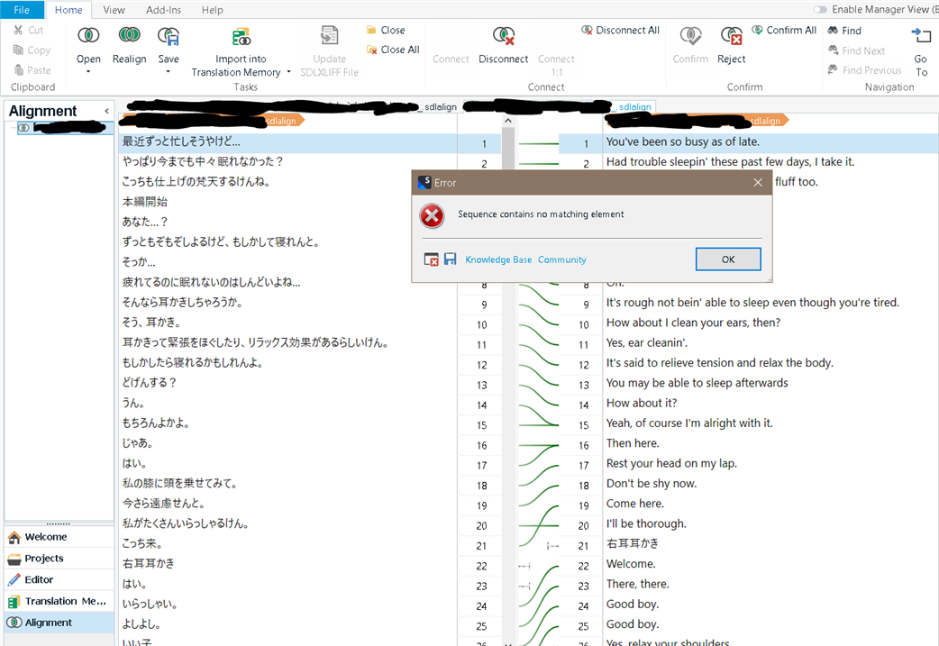 Trados Studio alignment screen with error message 'Sequence contains no matching element' over a bilingual text comparison.