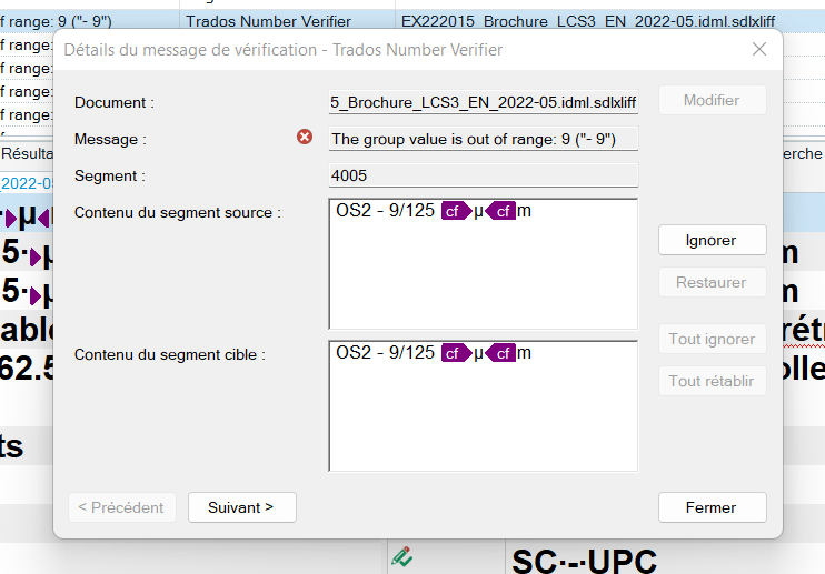 Trados Number Verifier error message window showing 'The group value is out of range: 9' ('-9')' for segment 4005 with source and target content 'OS2 - 9125 cf m'.