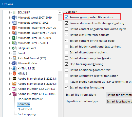 File - Options - Filetypes - Process unsupported file versions higlighted