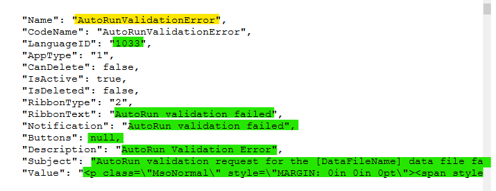Close-up screenshot of a JSON entry with the name 'AutoRunValidationError' highlighted in green, along with other keys like 'RibbonText' and 'Notification'.