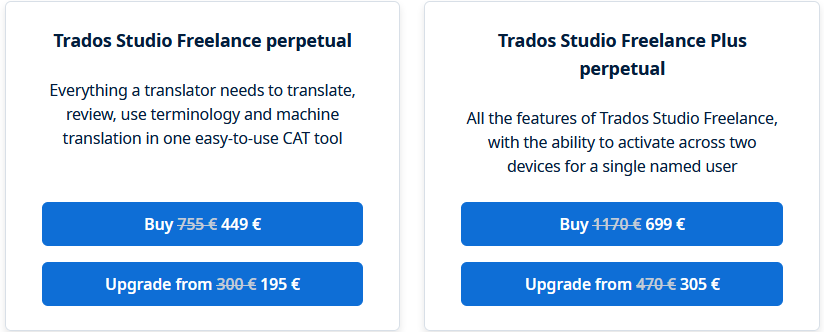 Screenshot of Trados Studio campaign showing discounted prices for Freelance perpetual and Freelance Plus perpetual licenses.