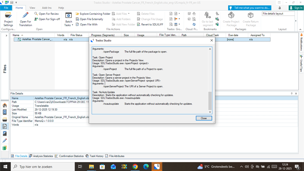 Trados Studio window displaying a dialog box with arguments and tasks, including 'openPackage', 'openProject', 'openServerProject', and 'noAutoUpdate', along with their descriptions and usage.
