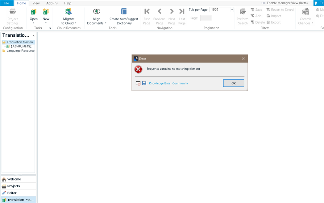 Trados Studio error message window over alignment workspace, displaying 'Sequence contains no matching element'.