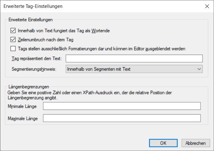 Screenshot of the Advanced Tag Settings window in German, showing options for text segmentation and length limitations, with checkboxes and input fields for minimum and maximum length.