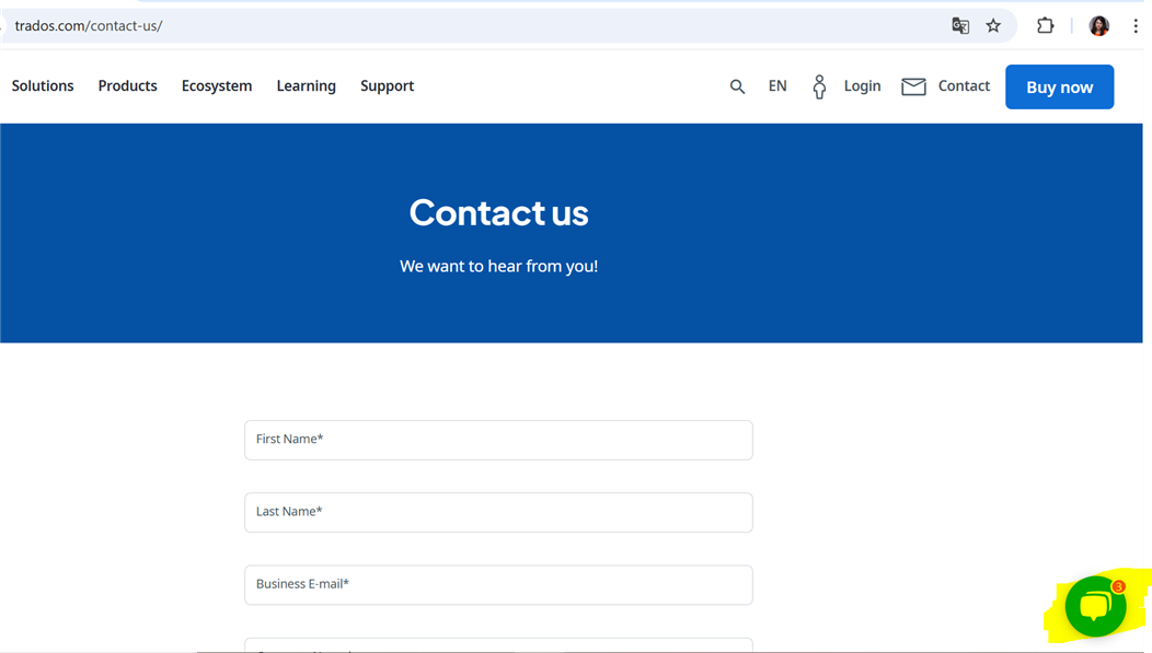 Screenshot of the Trados contact us page with a blue header saying 'Contact us - We want to hear from you!' and a form below for entering first name, last name, and business email.