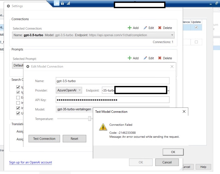 Screenshot of Trados Studio 2022 settings showing an error message from AzureOpenAI plugin. The message reads 'Connection Failed - An error occurred while sending the request' with a code '-2146233088'.