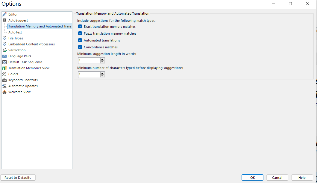 Screenshot of Trados Studio AutoSuggest settings with options for minimum suggestion length and characters typed before displaying suggestions.
