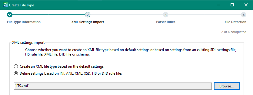 Trados Studio screenshot with 'Define settings based on XML, sdlftsettings or XSD rule file' selected and 'ITS.xml' entered in the file name field.