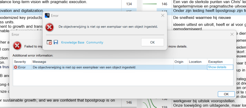 Error message in Trados Studio with text 'De objectverwijzing is niet op een exemplaar van een object ingesteld' and options for Knowledge Base, Community, and OK button. Additional error details below.