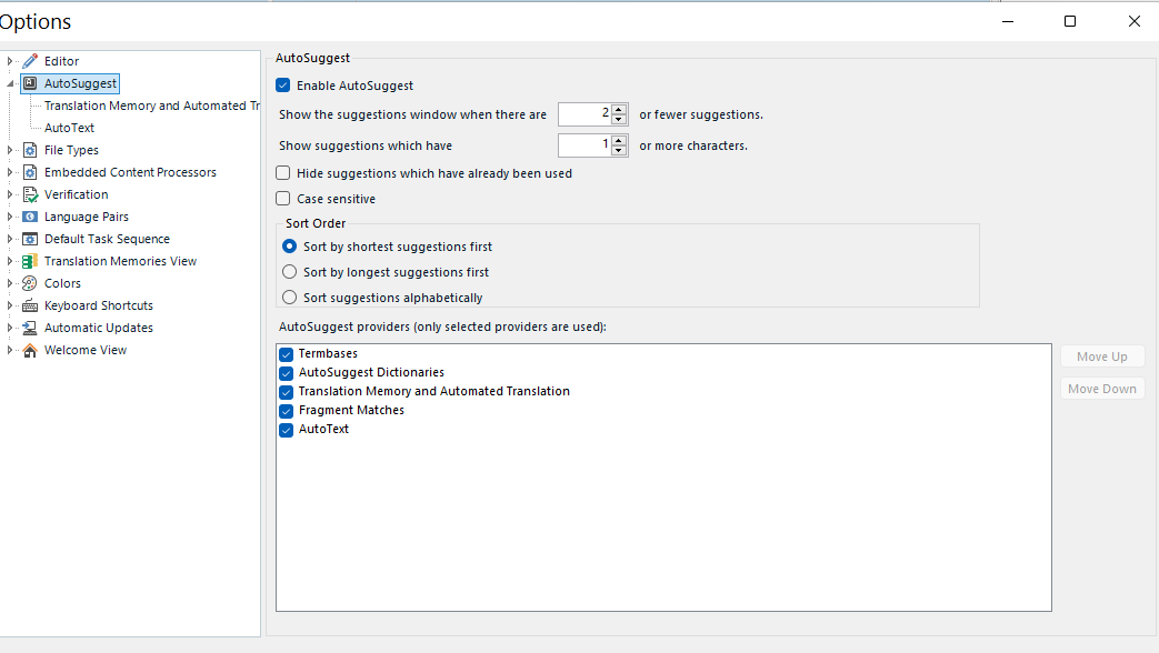 Screenshot of Trados Studio AutoSuggest settings with options to enable AutoSuggest, sort order, and AutoSuggest providers.