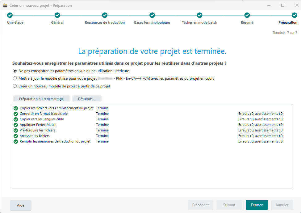 Trados Studio project wizard showing the final step with options to save project settings for reuse, a progress summary, and no errors or warnings displayed.
