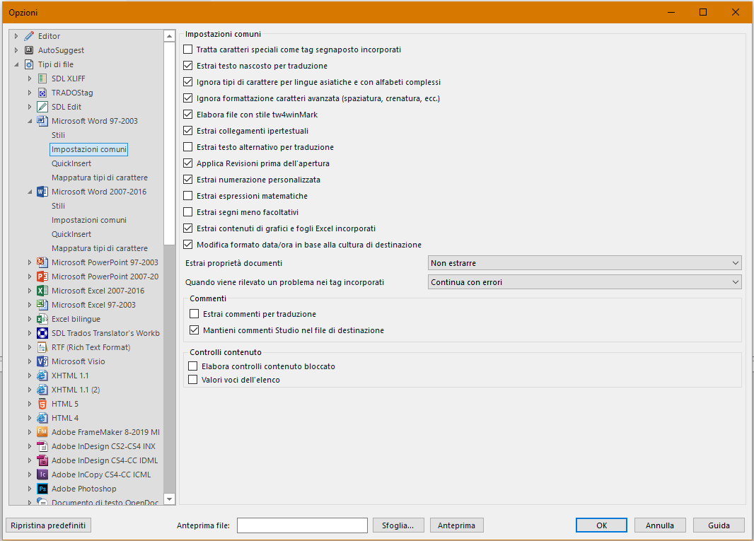 Trados Studio settings window with file type options on the left and common settings on the right, including 'Extract hidden text for translation'.