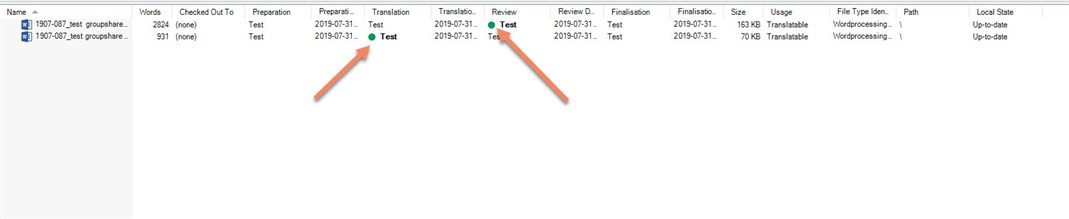 Screenshot of Trados Studio project files showing two documents with columns indicating project phases. Arrows point to 'Review' and 'Translation' phases for respective documents.