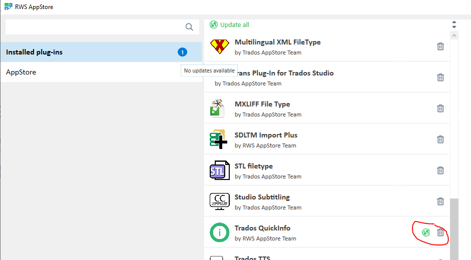 Trados Studio screenshot of RWS AppStore with a list of installed plug-ins. A red '1' indicates an update available for the Multilingual XML FileType plugin.