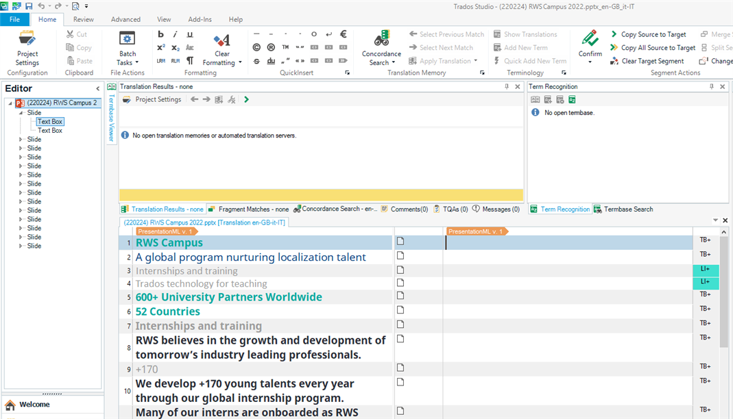 Screenshot of Trados Studio Editor with a file open showing no translation memory or term base connected and the orange tab displaying 'PresentationML v.1'.