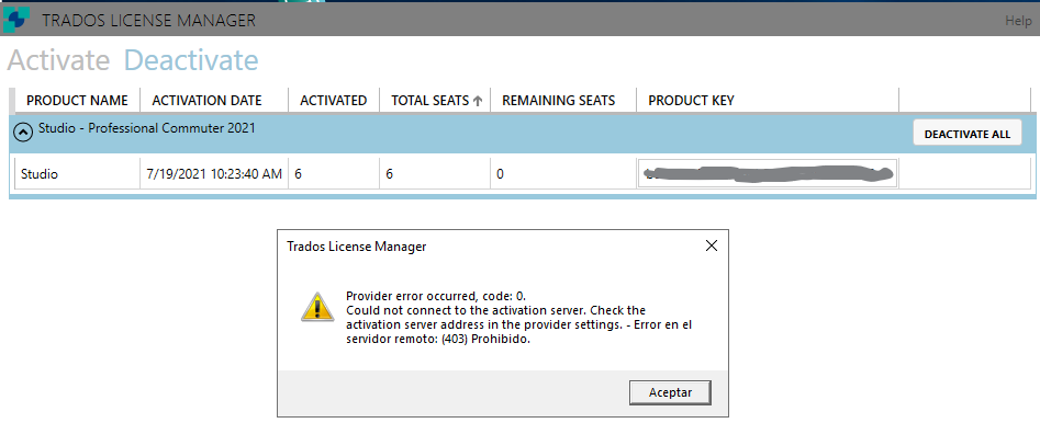 Screenshot of TRADOS LICENSE MANAGER showing 'Studio - Professional Commuter 2021' with activation date and seats information. An error message reads 'Provider error occurred, code: 0. Could not connect to the activation server. Check the activation server address in the provider settings. - Error en el servidor remoto: (403) Prohibido.'