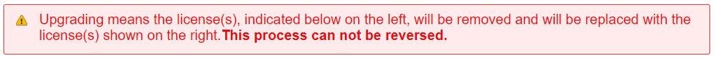 Warning message stating 'Upgrading means the license(s), indicated below on the left, will be removed and will be replaced with the license(s) shown on the right. This process cannot be reversed.'