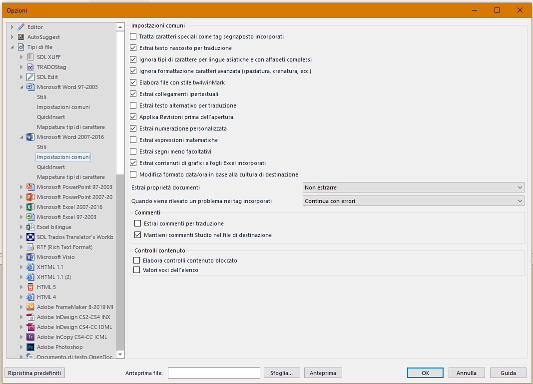 Trados Studio settings window showing options for Microsoft Word 97-2003 with common settings checked, including 'Treat special characters as embedded tags'.
