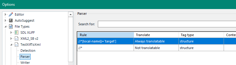 Trados Studio options menu with Parser settings open, showing XPath rule 'local-name()='target'' set to 'Always translatable' and 'structure' tag type.
