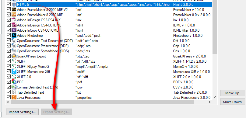 Screenshot of Trados Studio filetype settings with 'Export settings' button highlighted, no visible errors or warnings.