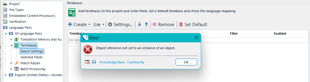 Error message popup with a red cross icon stating 'Object reference not set to an instance of an object.' in the Search Settings section of the Termbases settings.
