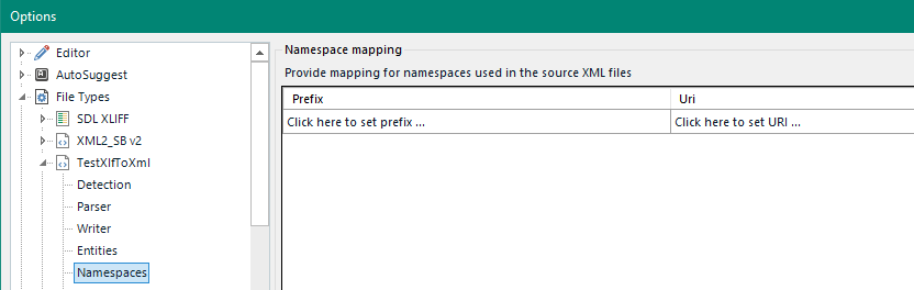 Trados Studio options menu with Namespaces settings open, showing empty fields for 'Prefix' and 'Uri' with clickable options to set them.